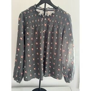 Gray Floral Sz L Smocked Ruffle Neck Boho Cottagecore Blouse Long Sleeve